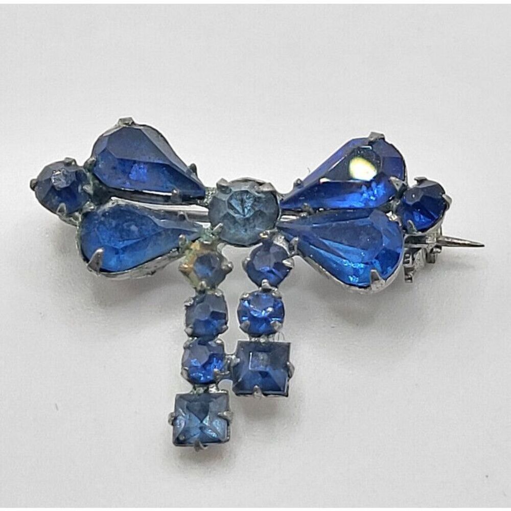 Signed Karu Vintage Blue Crystal Bow Brooch Pin 1in